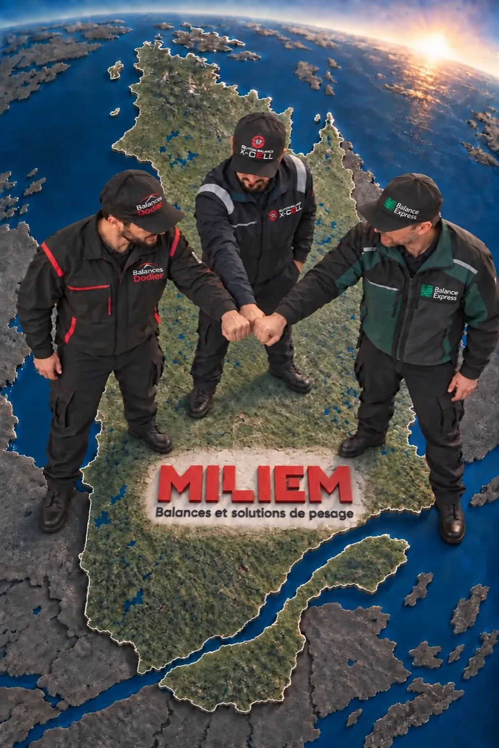 Trois techniciens en pesage au-dessus d'une carte en relief du Québec avec le logo Miliem
